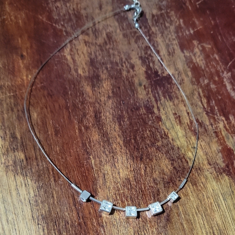 Elegant Silver Necklace with Square Floating Gems 16"